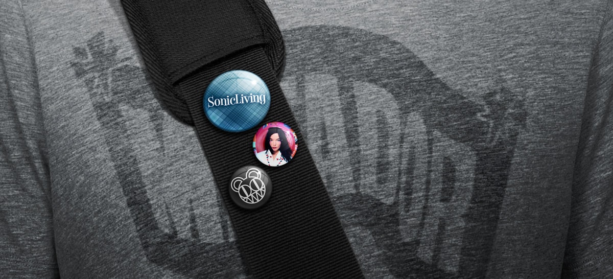 Colorful music band buttons on a chest strap