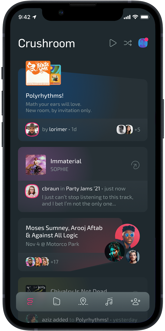 A music app on a phone with a feed of recent activity